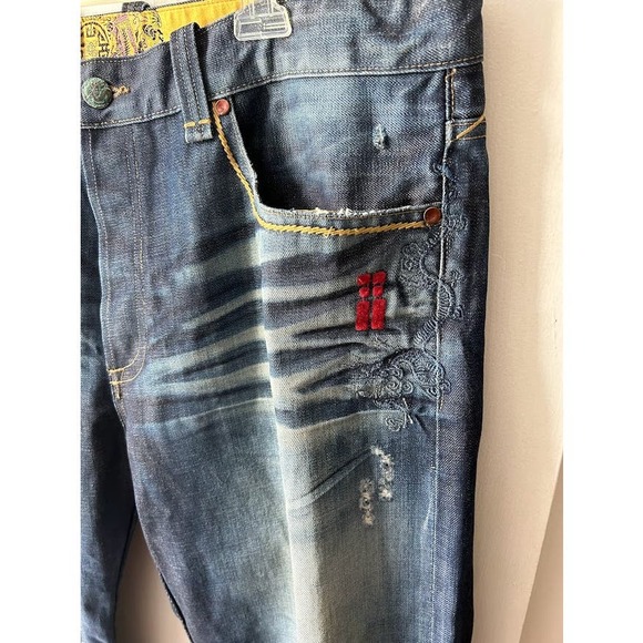Vintage China rare factory distressed Jeans embroidered button dragon size 40 - Picture 12 of 16